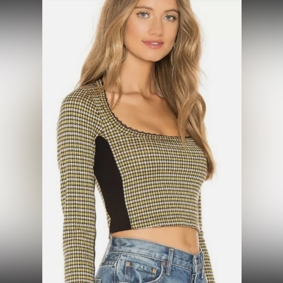 Free People Gold Herringbone Crochet Lace Detail Crop Long Sleeve Tee T-Shirt - Picture 6 of 12
